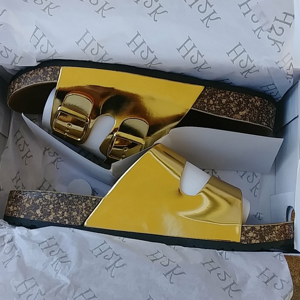 Gold Tone Double Straps & Buckles Slip On Sandals